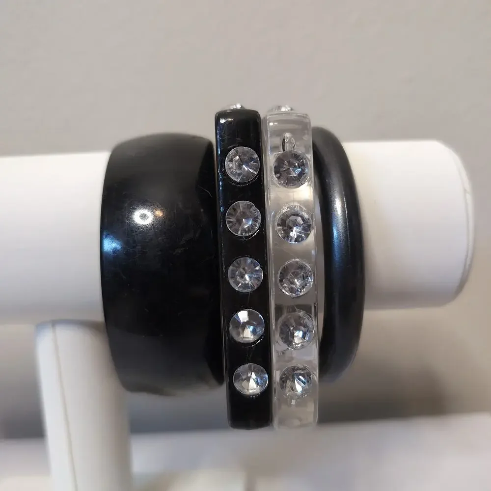 Black And Clear Rhinestone Bangle Bracelet Set